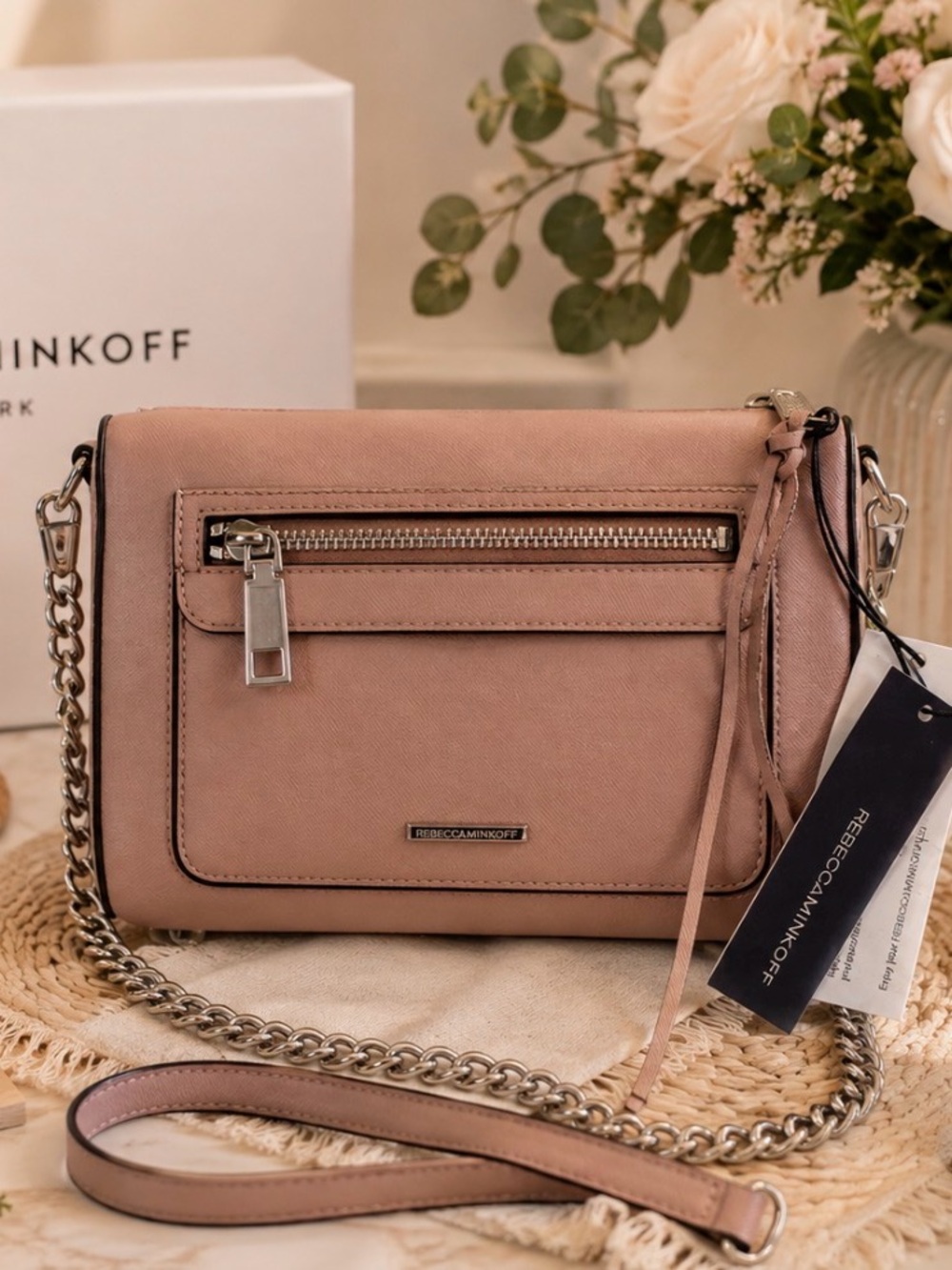 Rebecca Minkoff Dusty Blush Leather Crossbody with Silver Chain